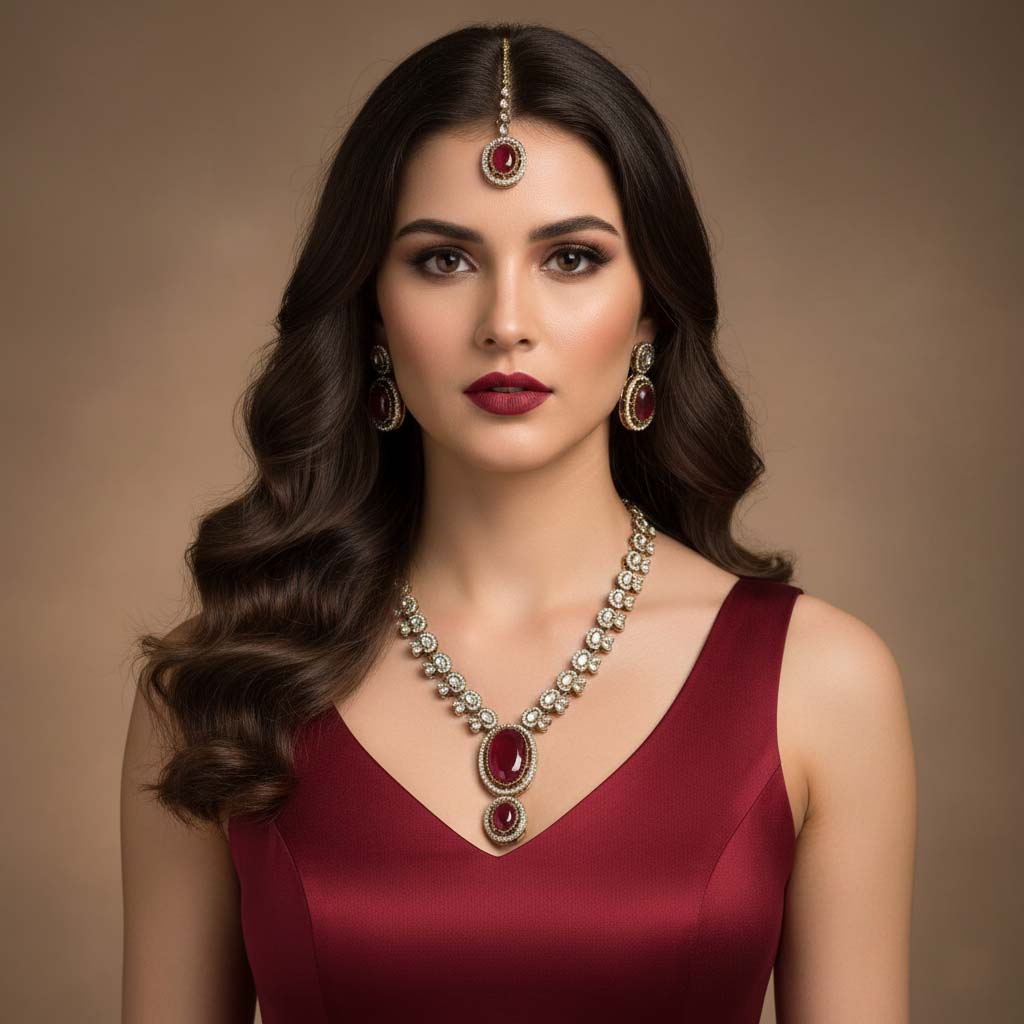 Kundan Halskette mit Ohrringe & Tikka - gold | Rot