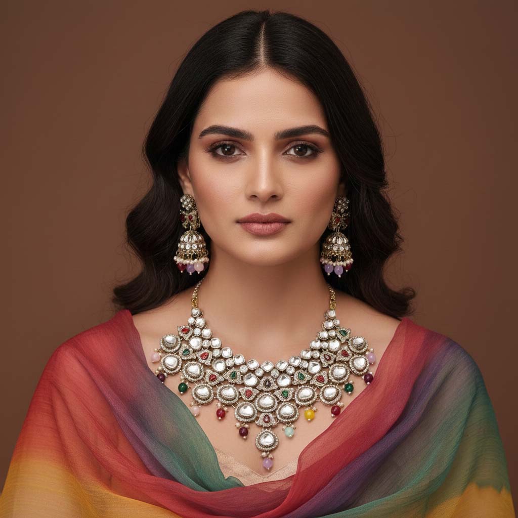 Kundan Halskette mit Ohrringe & Tikka - gold | multi color