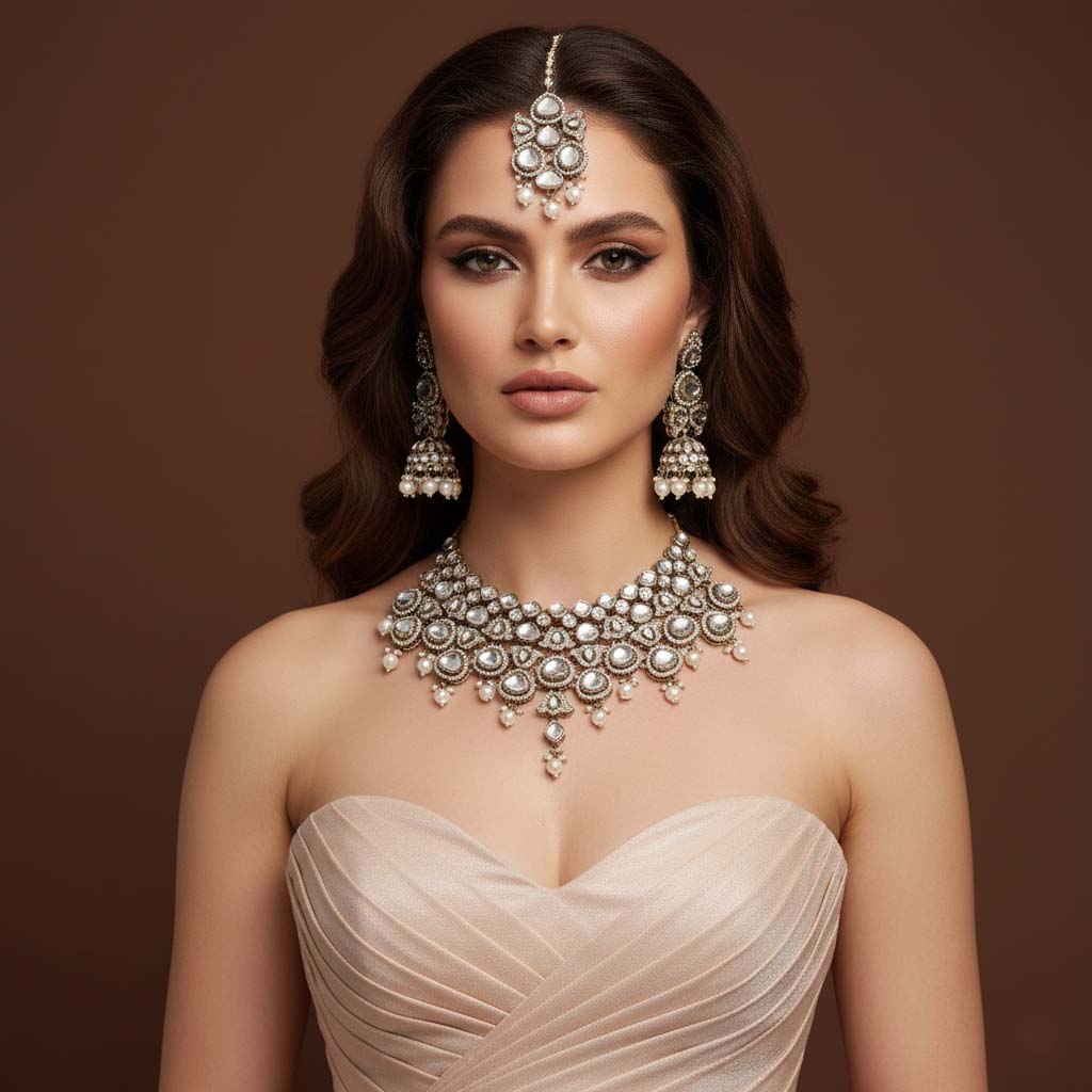 Kundan Halskette mit Ohrringe & Tikka - gold | weiß