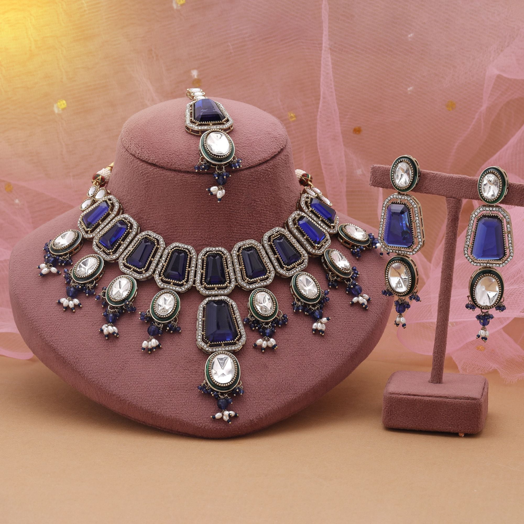 Kundan Halskette mit Ohrringe & Tikka - gold | blau