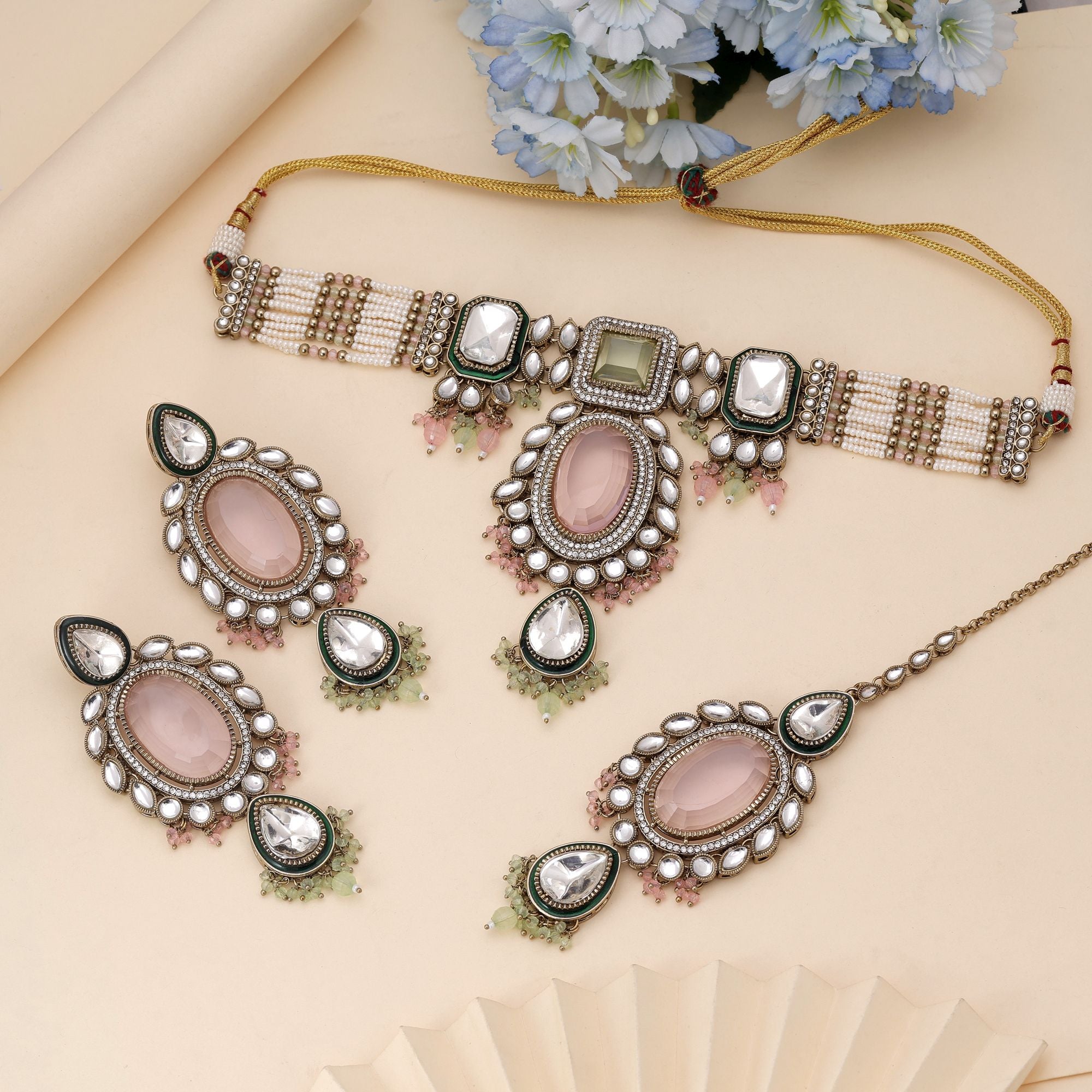 Kundan Halskette mit Ohrringe & Tikka - gold | rosa, grün