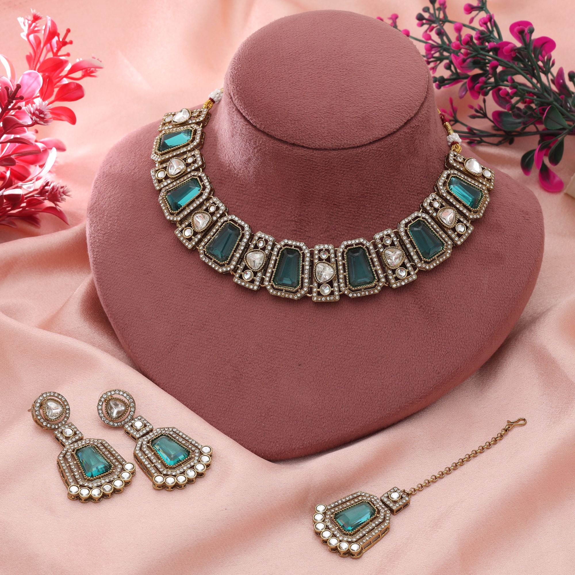 Kundan Halskette mit Ohrringe & Tikka - gold | türkis