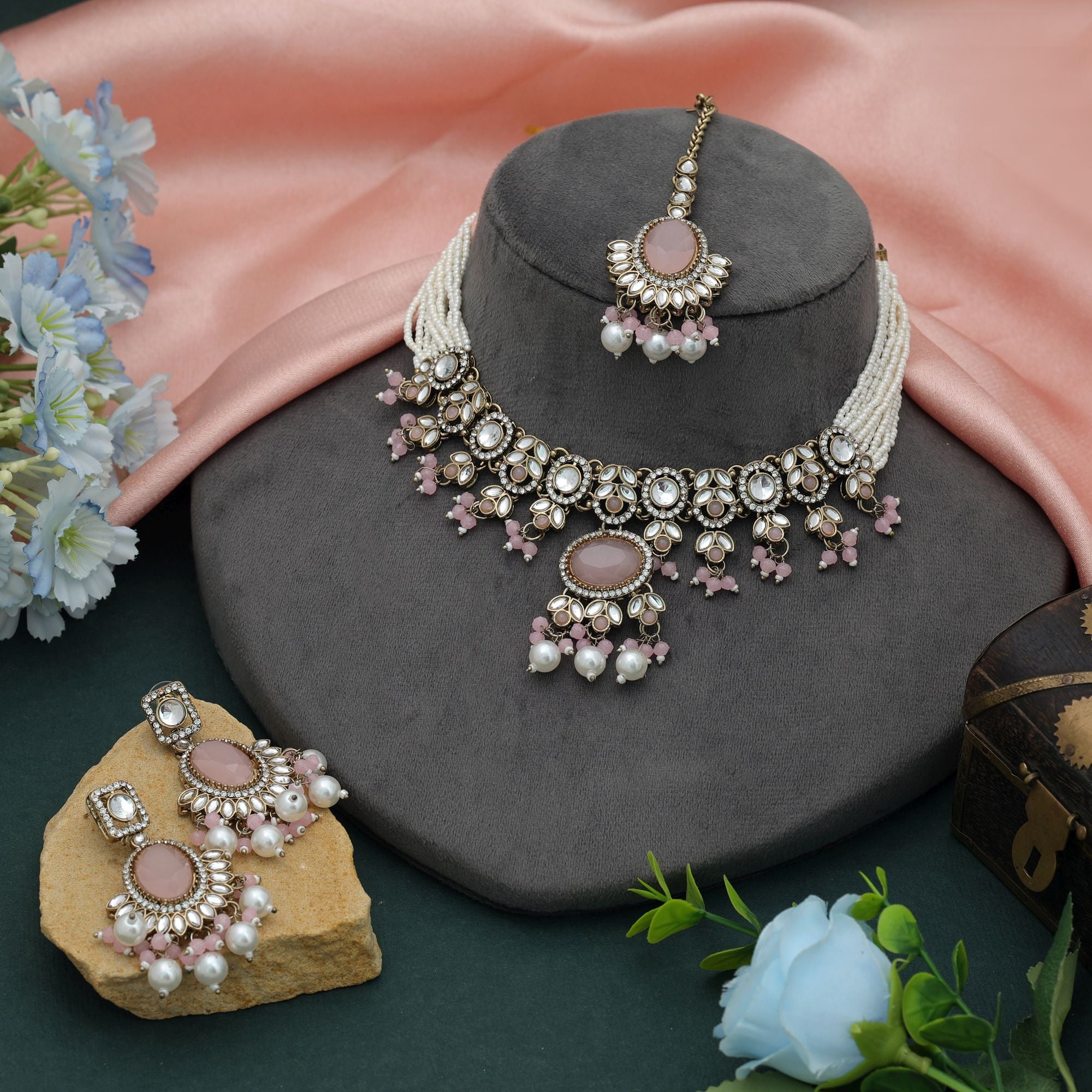 Kundan Halskette mit Ohrringe & Tikka - gold | rosa