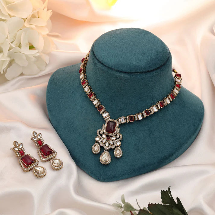 Kundan Halskette mit Ohrringe - gold | Rot