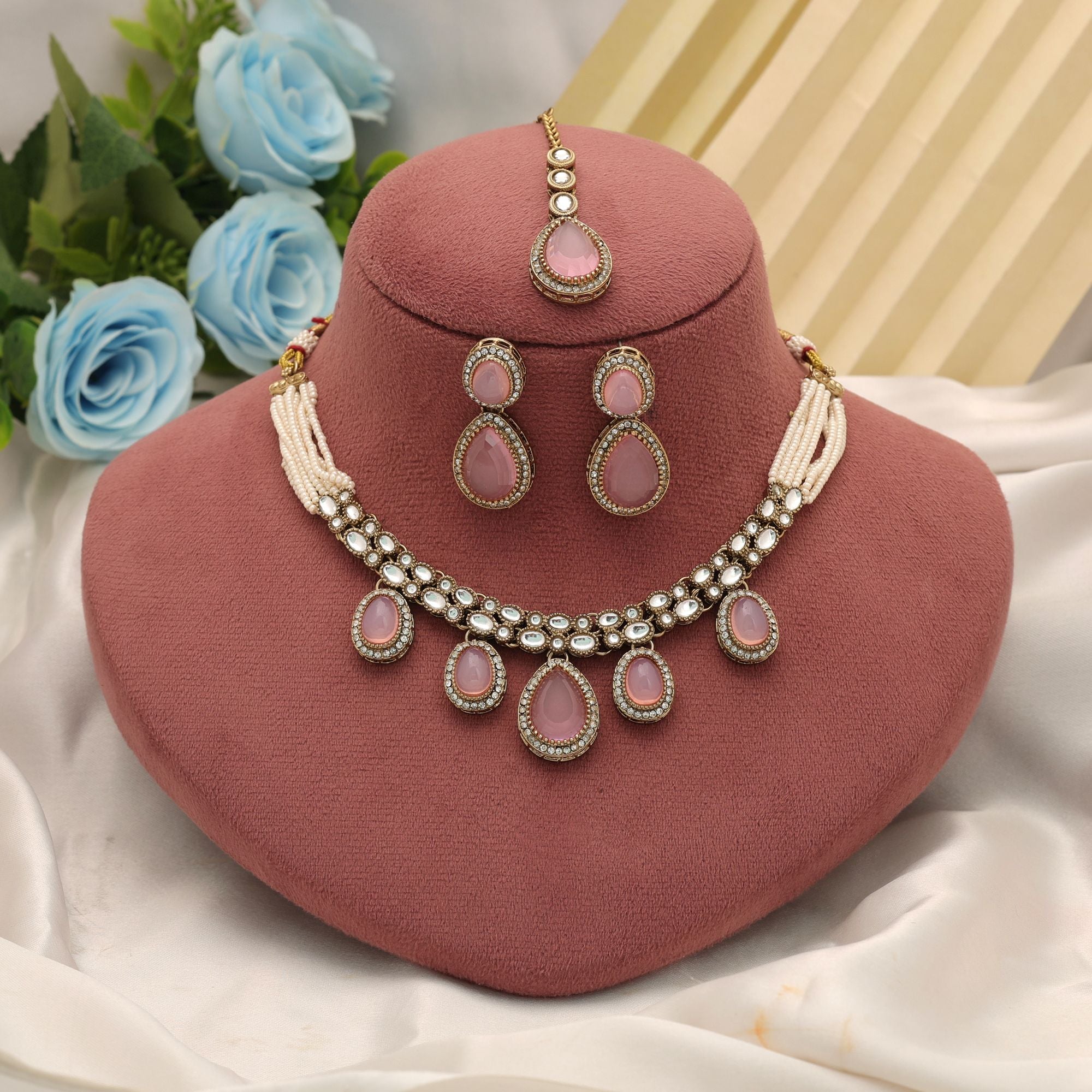 Kundan Necklace with Earrings & Tikka - gold | white