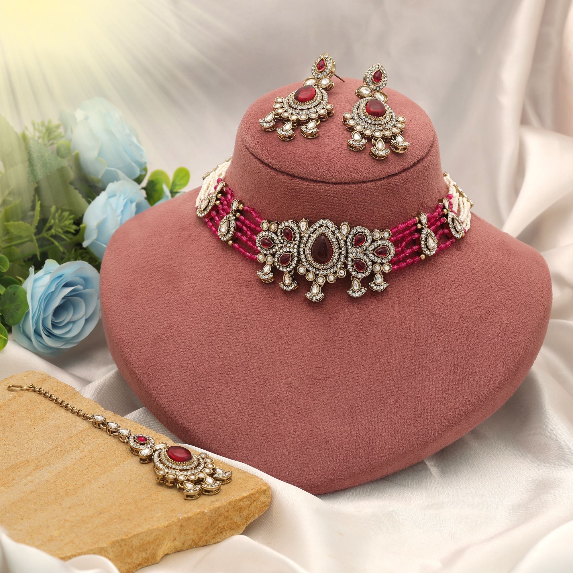 Kundan Halskette mit Ohrringe & Tikka - gold | Rani
