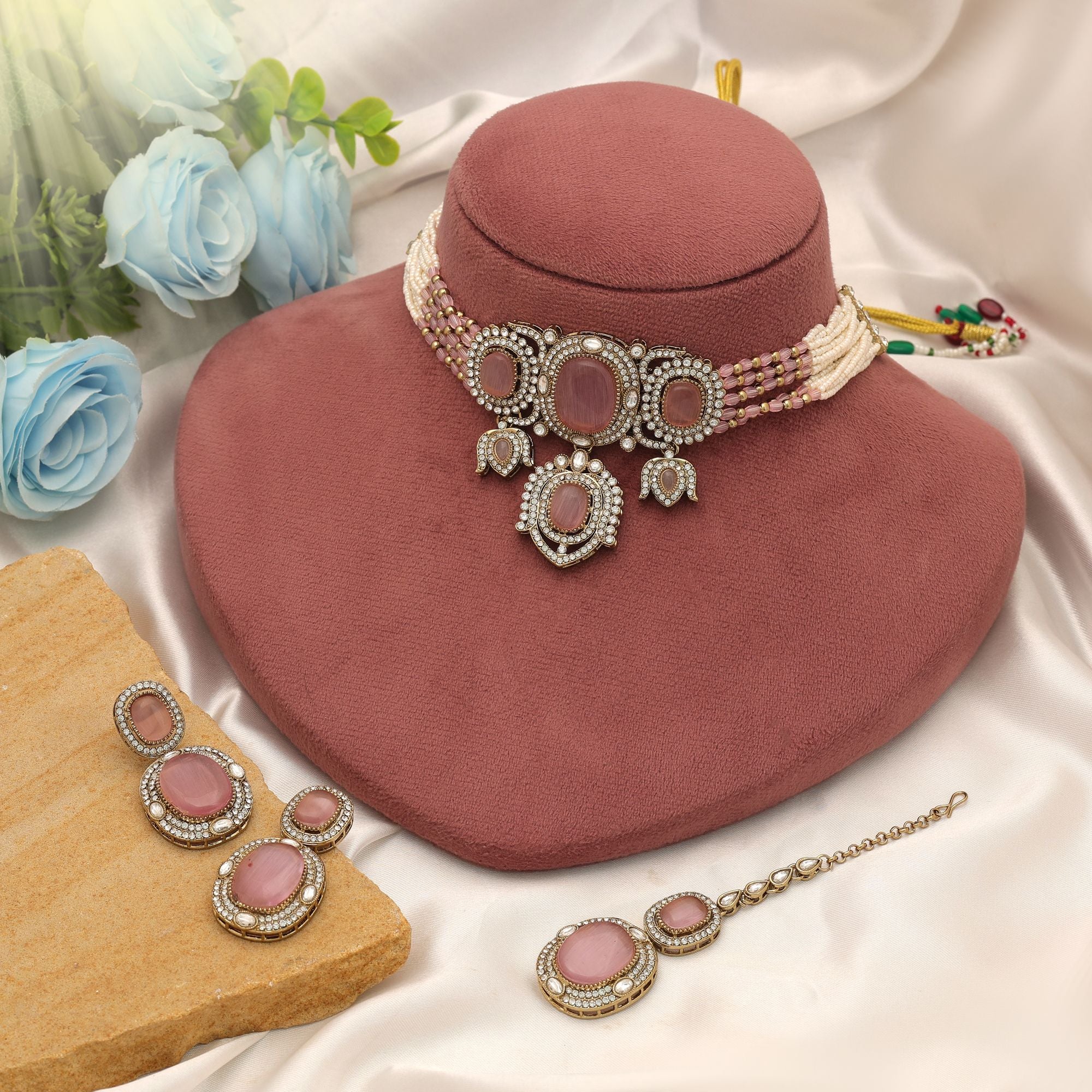 Kundan Halskette mit Ohrringe & Tikka - gold | rosa