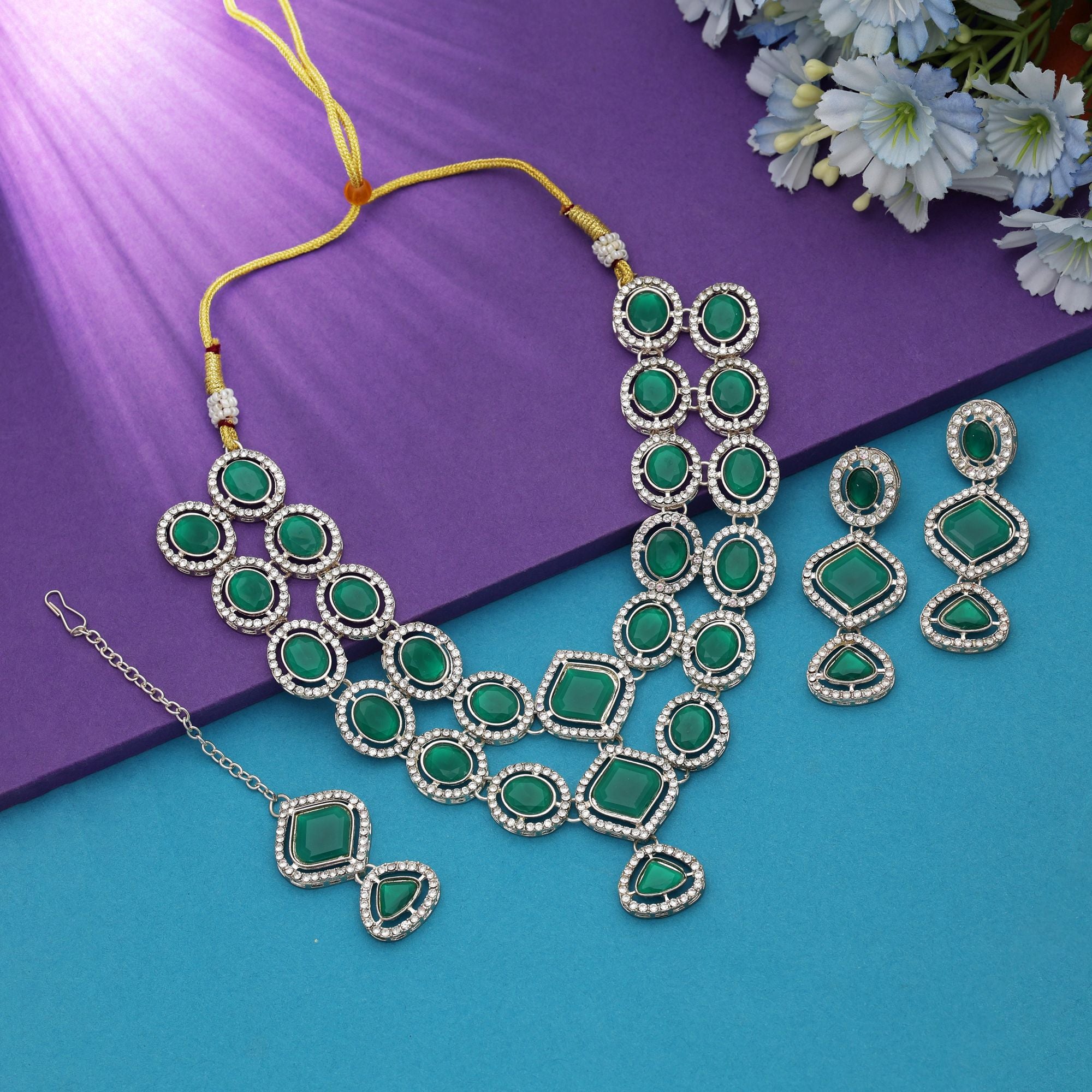 Kundan Necklace with Earrings & Tikka - gold | white