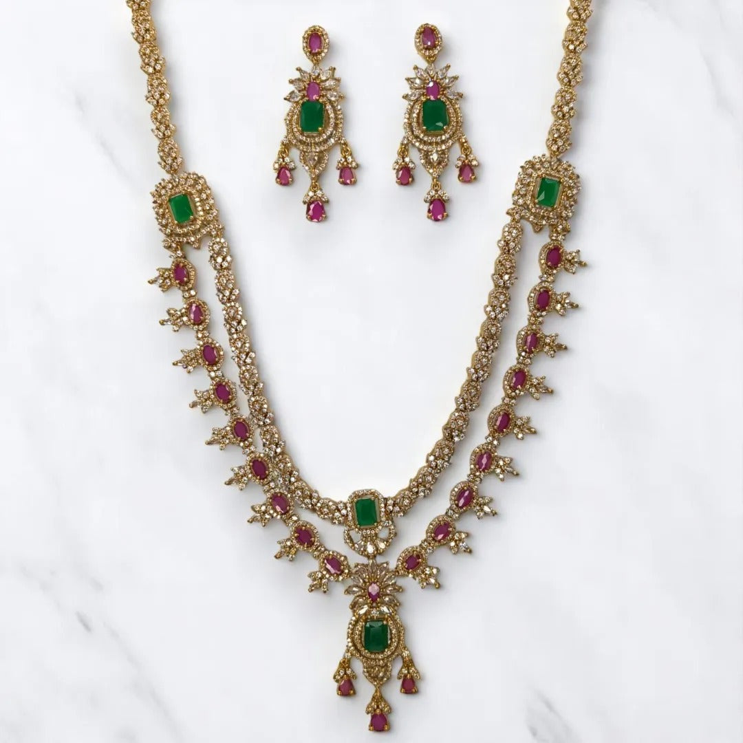 Tempel Halskette lang mit Ohrringe Set - gold | grün Magenta