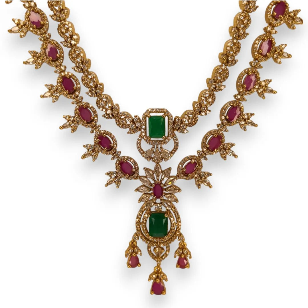 Tempel Halskette lang mit Ohrringe Set - gold | grün Magenta