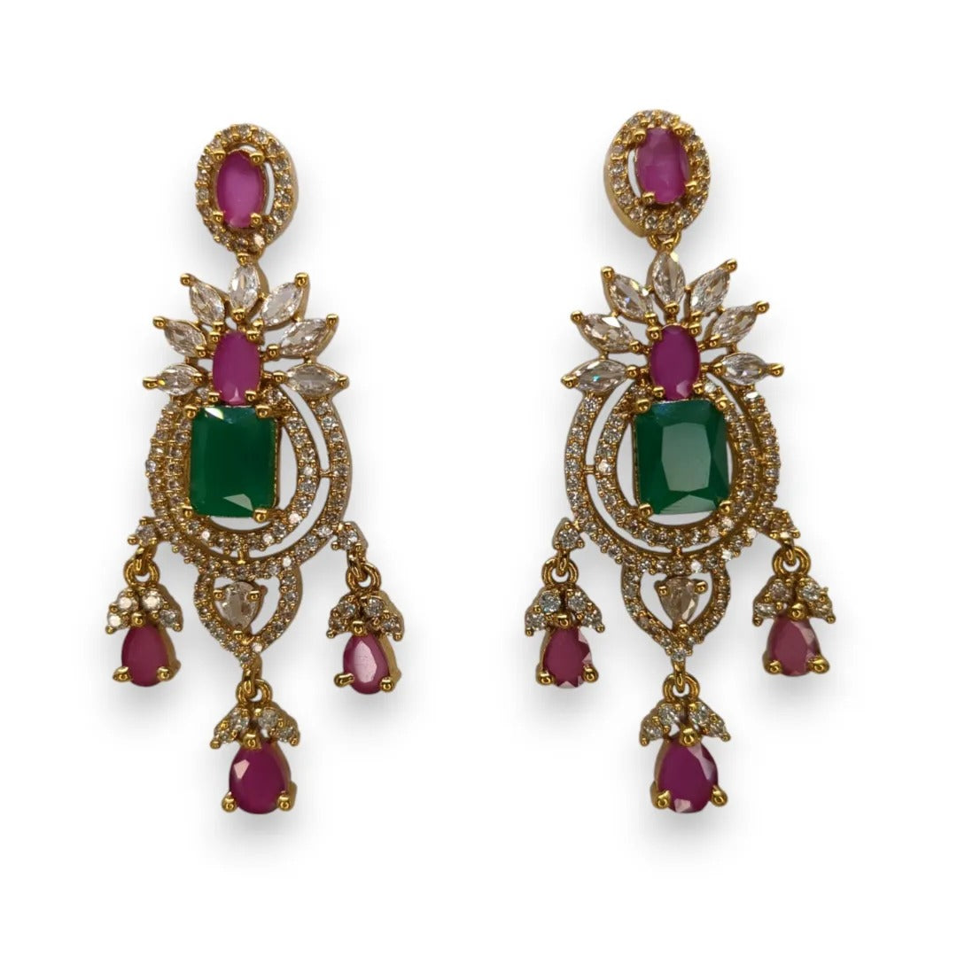 Tempel Halskette lang mit Ohrringe Set - gold | grün Magenta