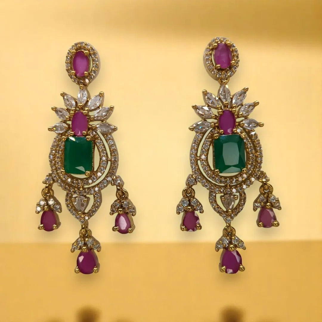 Tempel Halskette lang mit Ohrringe Set - gold | grün Magenta