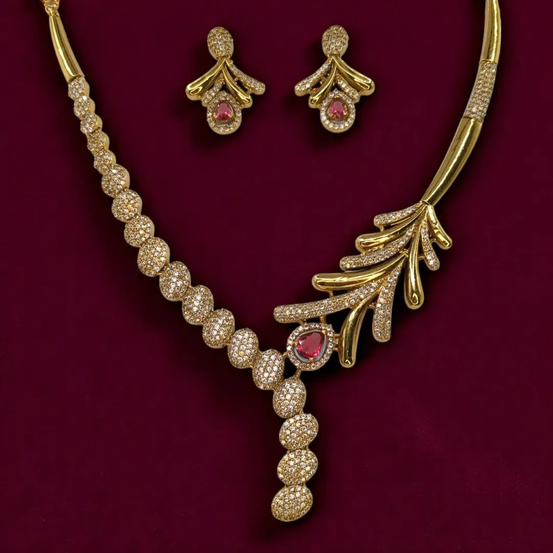 Trendy - Halskette mit Ohrringe - gold | rot