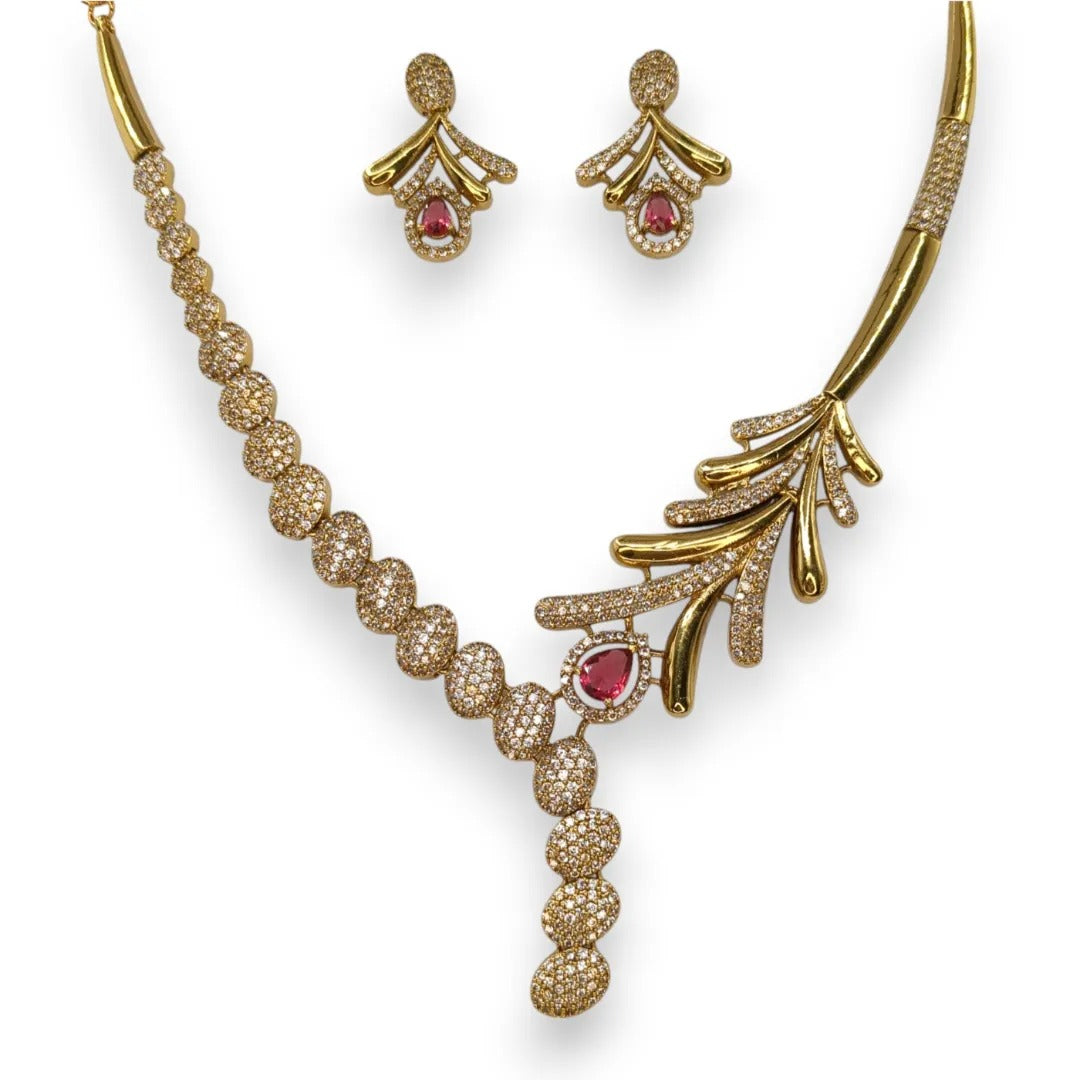 Trendy - Halskette mit Ohrringe - gold | rot