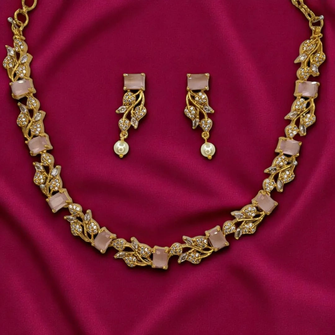 Trendy Halskette mit Ohrringe - gold | rosa