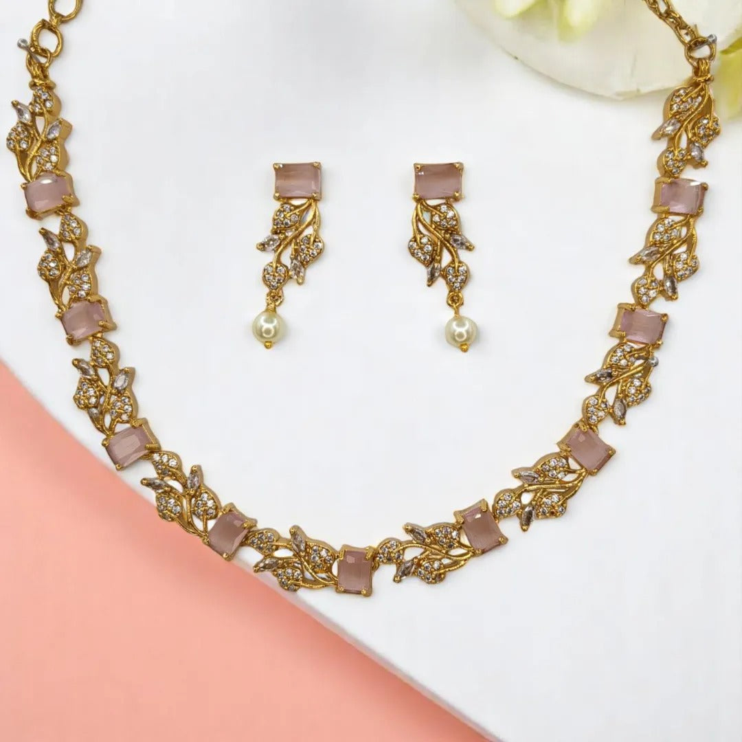 Trendy Halskette mit Ohrringe - gold | rosa