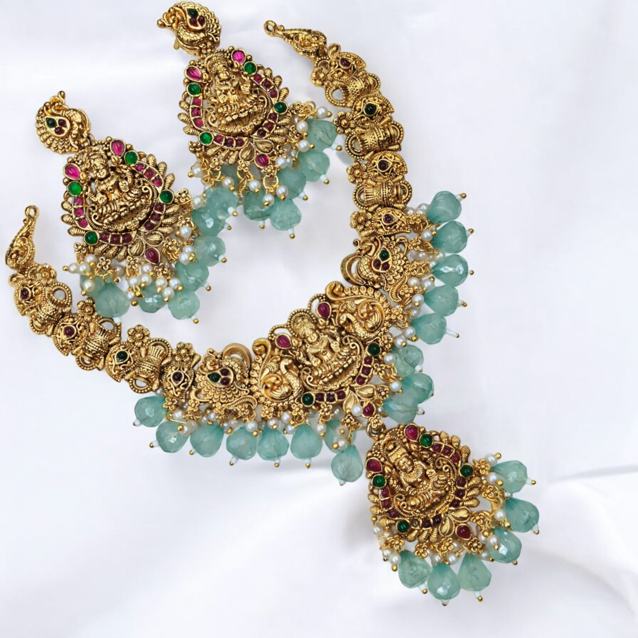 Tempel Halskette mit Ohrringe - gold | mint