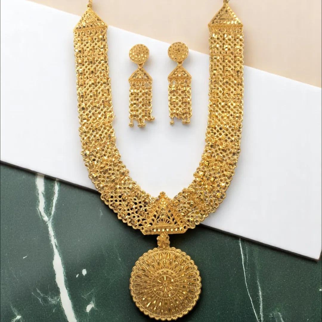 Gold-plated necklace long with earrings set - gold