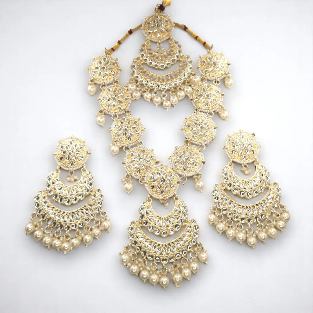 Kundan Necklace with Earrings & Tikka - gold | white