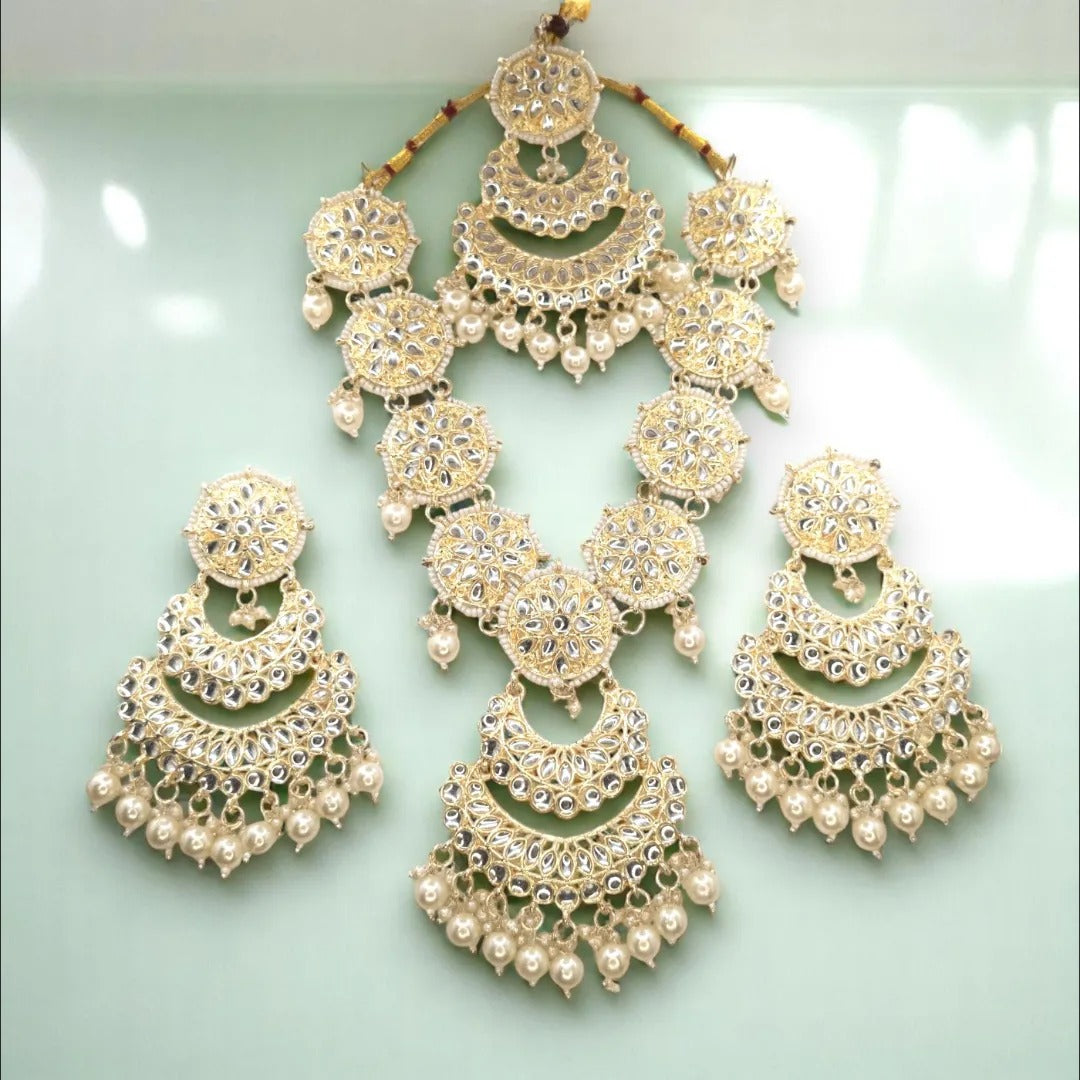 Kundan Necklace with Earrings & Tikka - gold | white