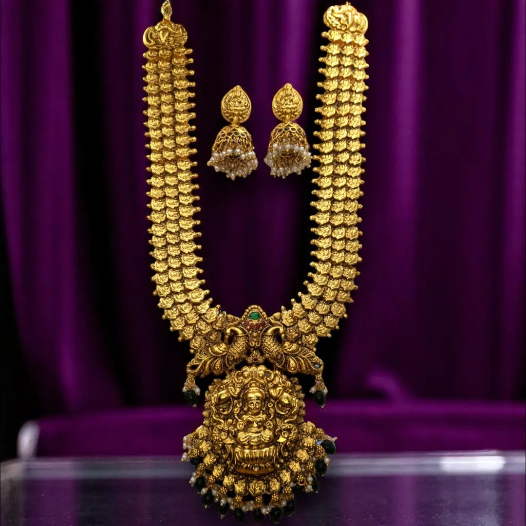 Temple Necklace Long with Earrings Set - gold