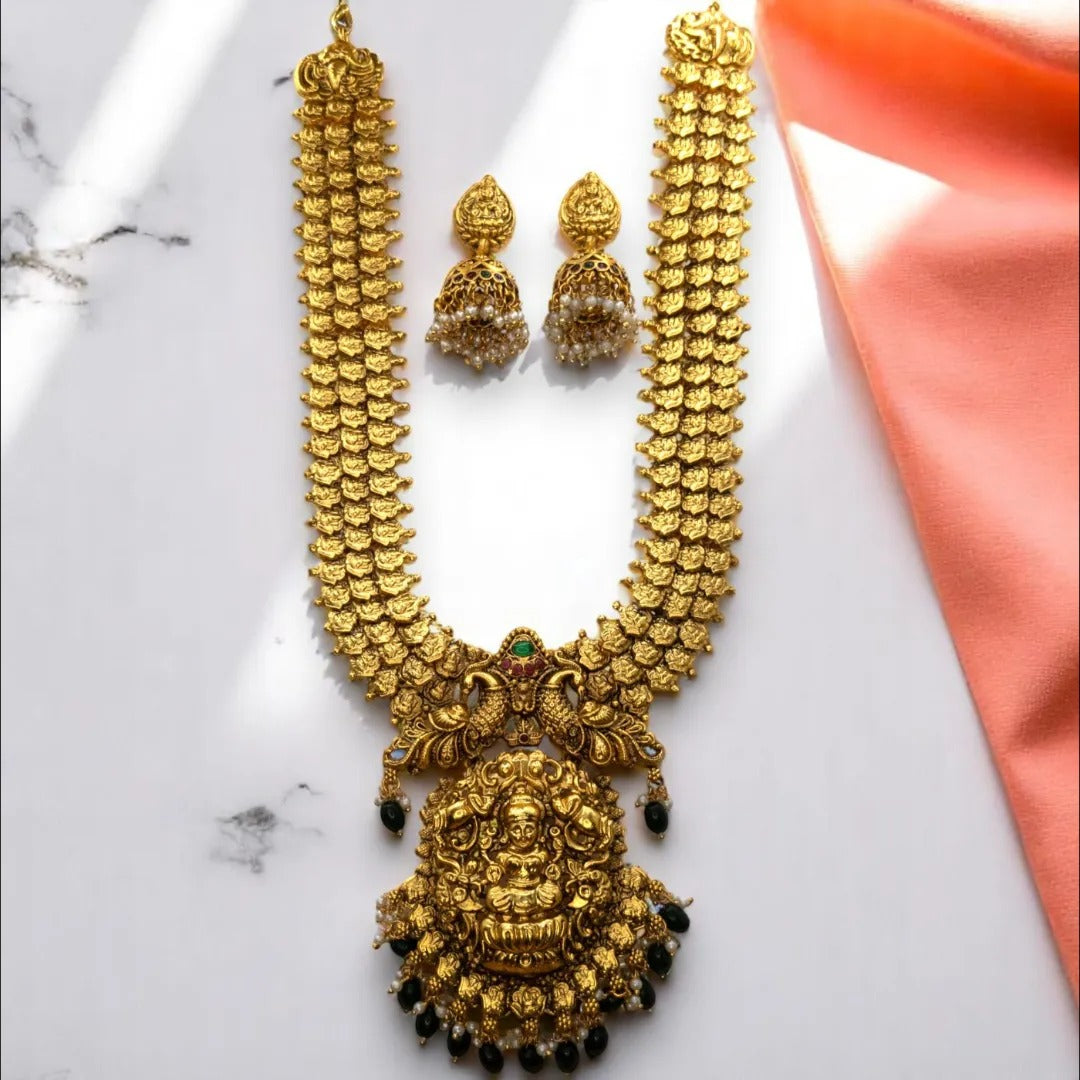 Temple Necklace Long with Earrings Set - gold