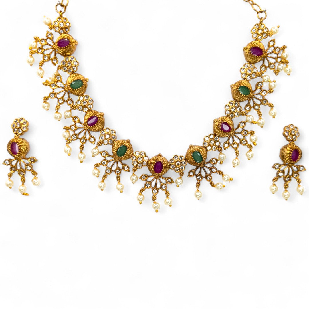 Tempel Halskette mit Ohrringe - gold