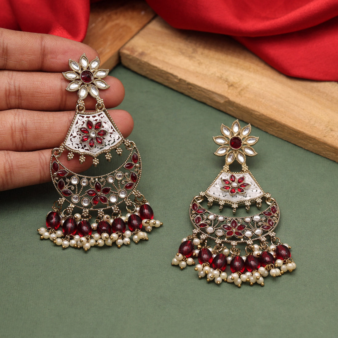 Kundan Ohrringe Chandhbali - Gold| maroon
