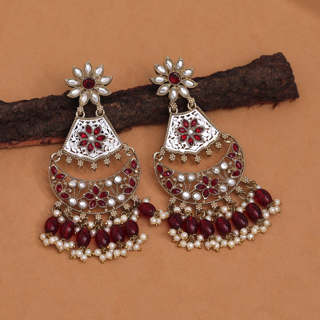 Kundan Ohrringe Chandhbali - Gold| maroon