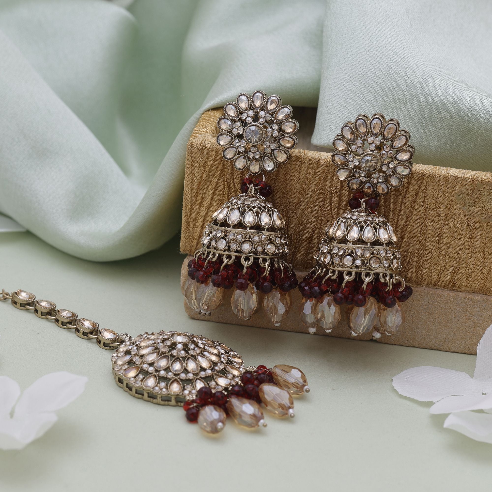 Kundan Ohrringe mit Tikka - gold - maroon