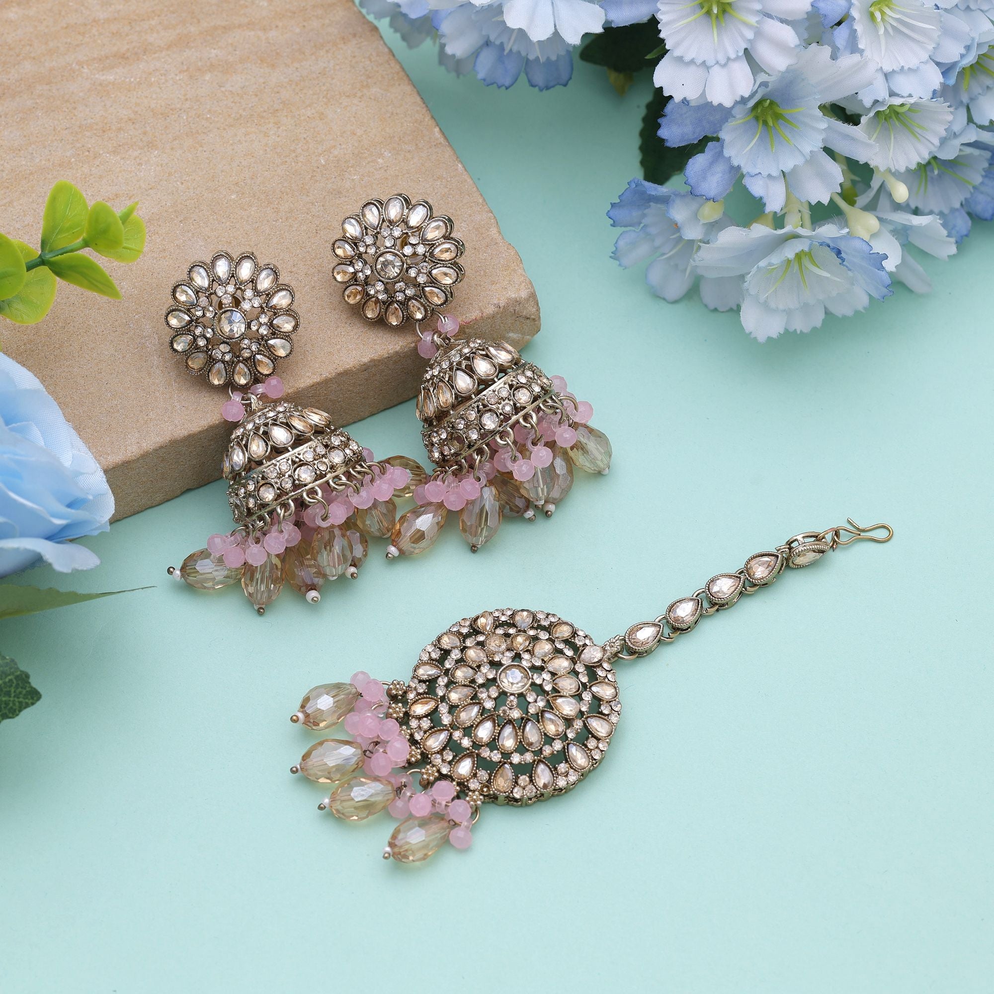 Kundan Ohrringe mit Tikka - gold - rosa