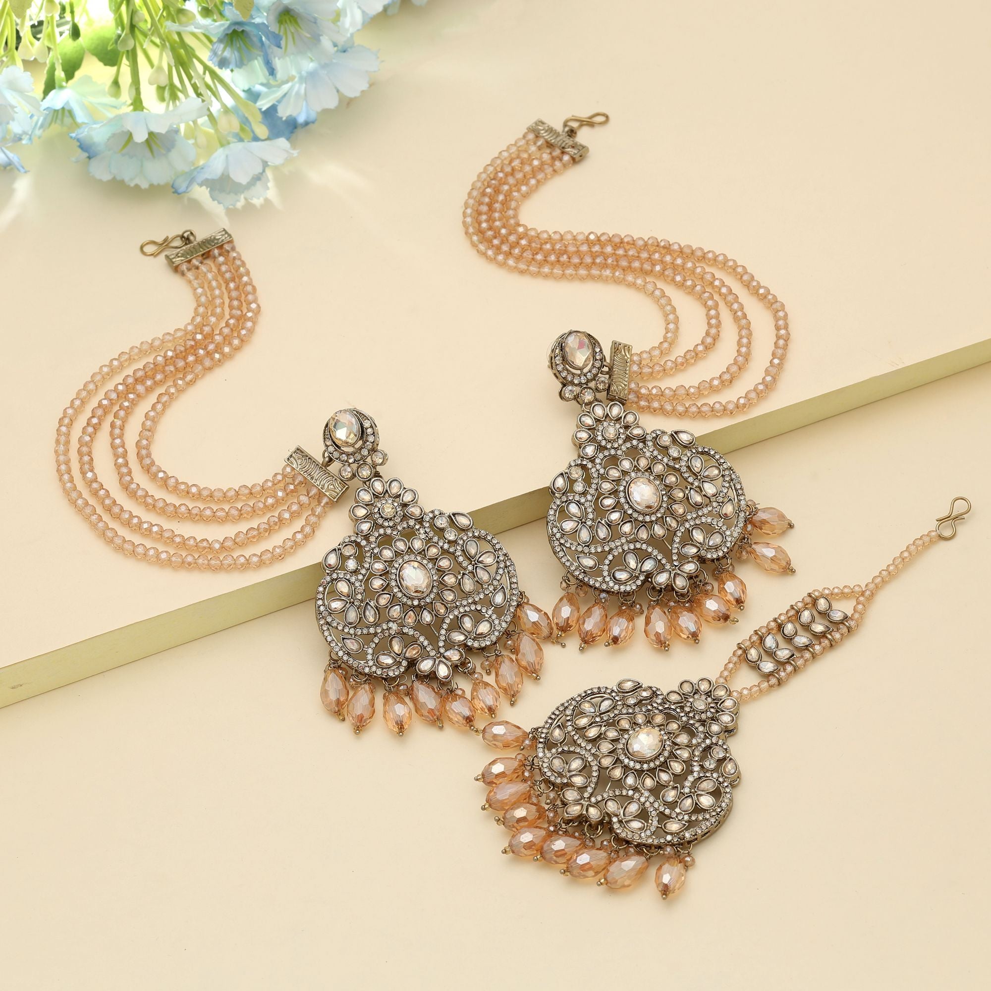 Kundan Earrings with Tikka - Jumkha | gold | red