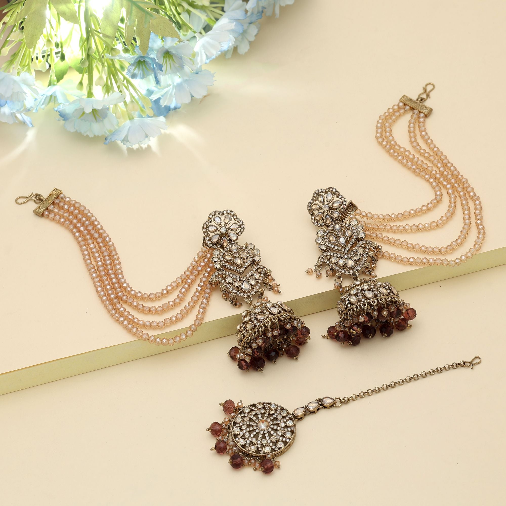 Kundan Earrings with Tikka - Jumkha | gold | red