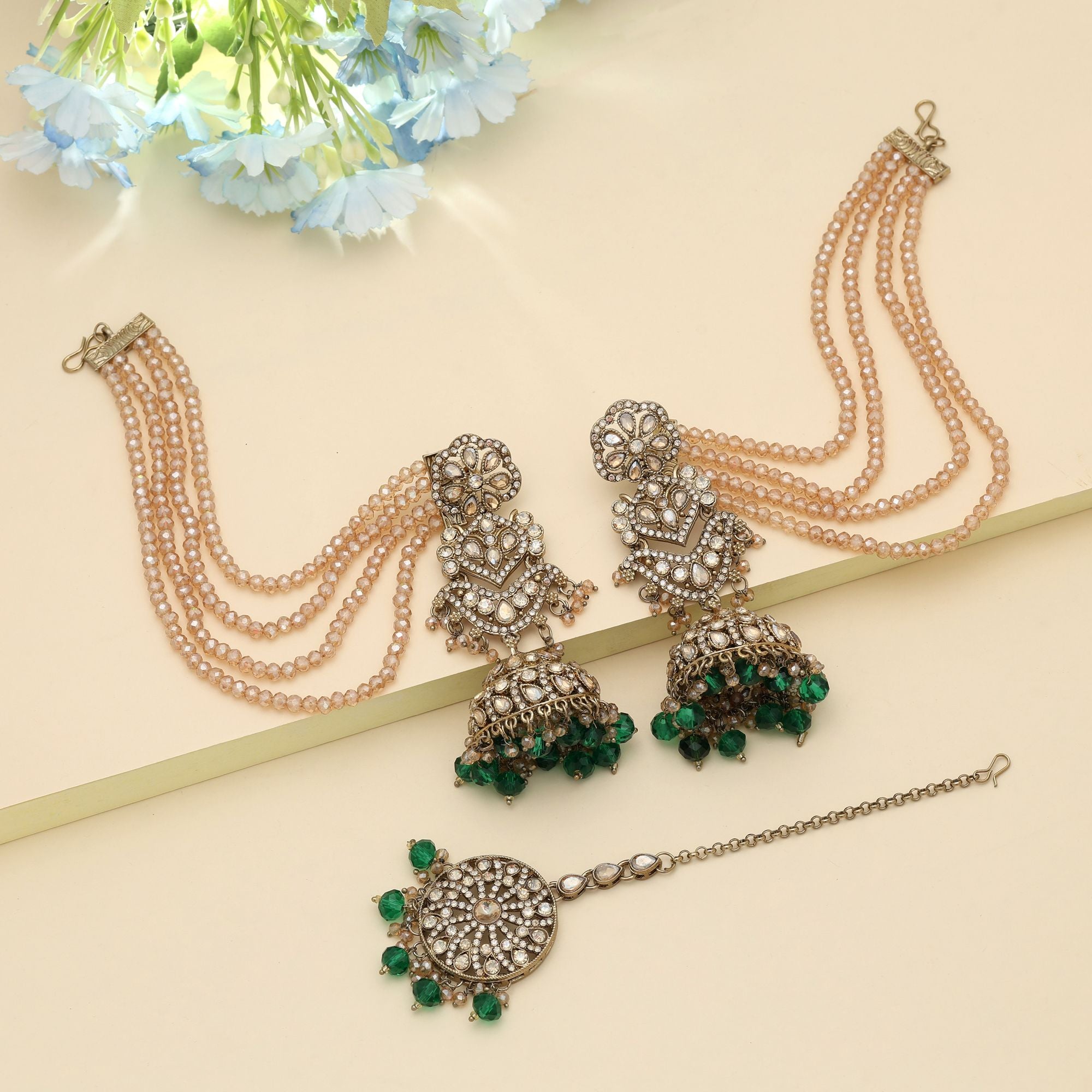 Kundan Earrings with Tikka - Jumkha | gold | red