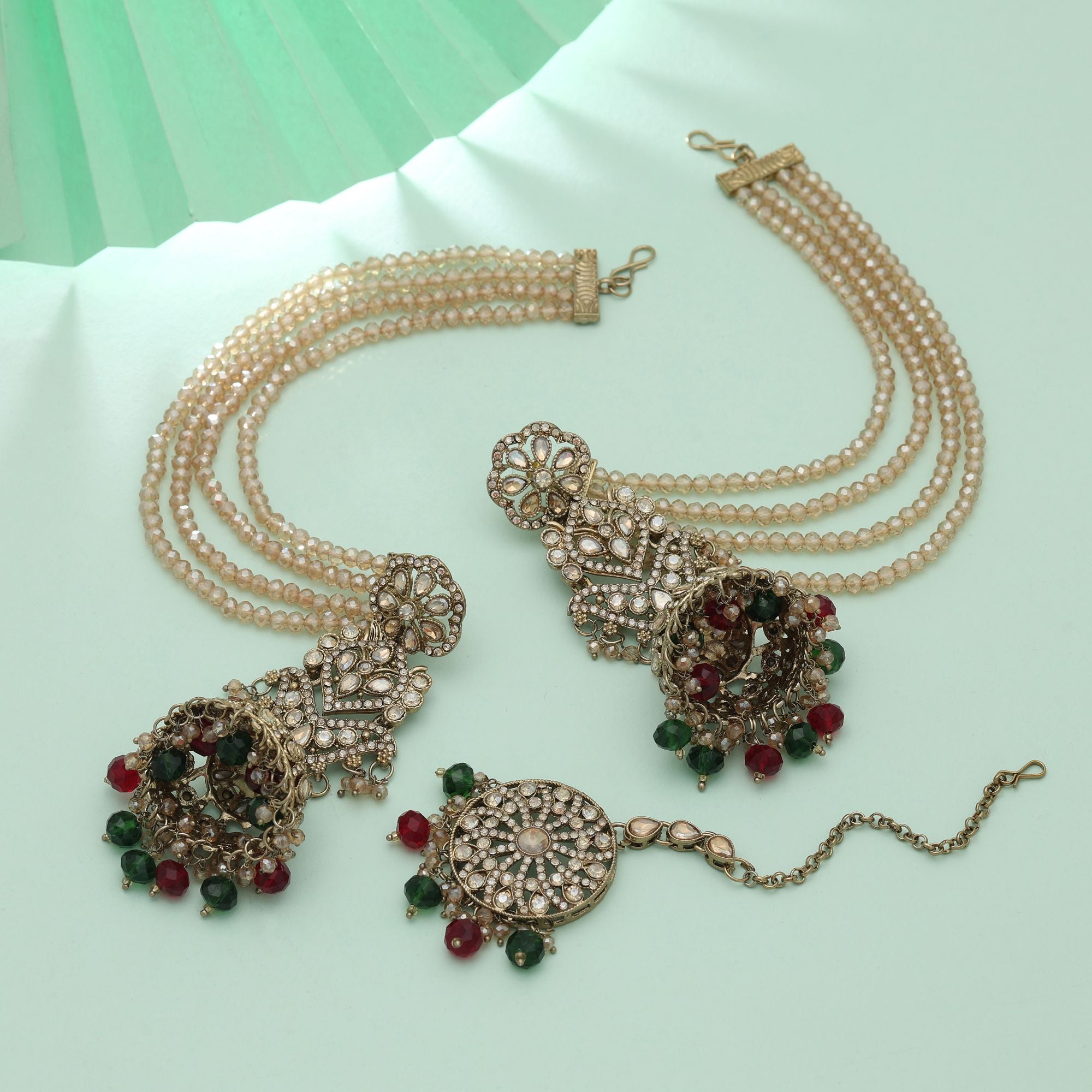 Kundan Earrings with Tikka - Jumkha | gold | red