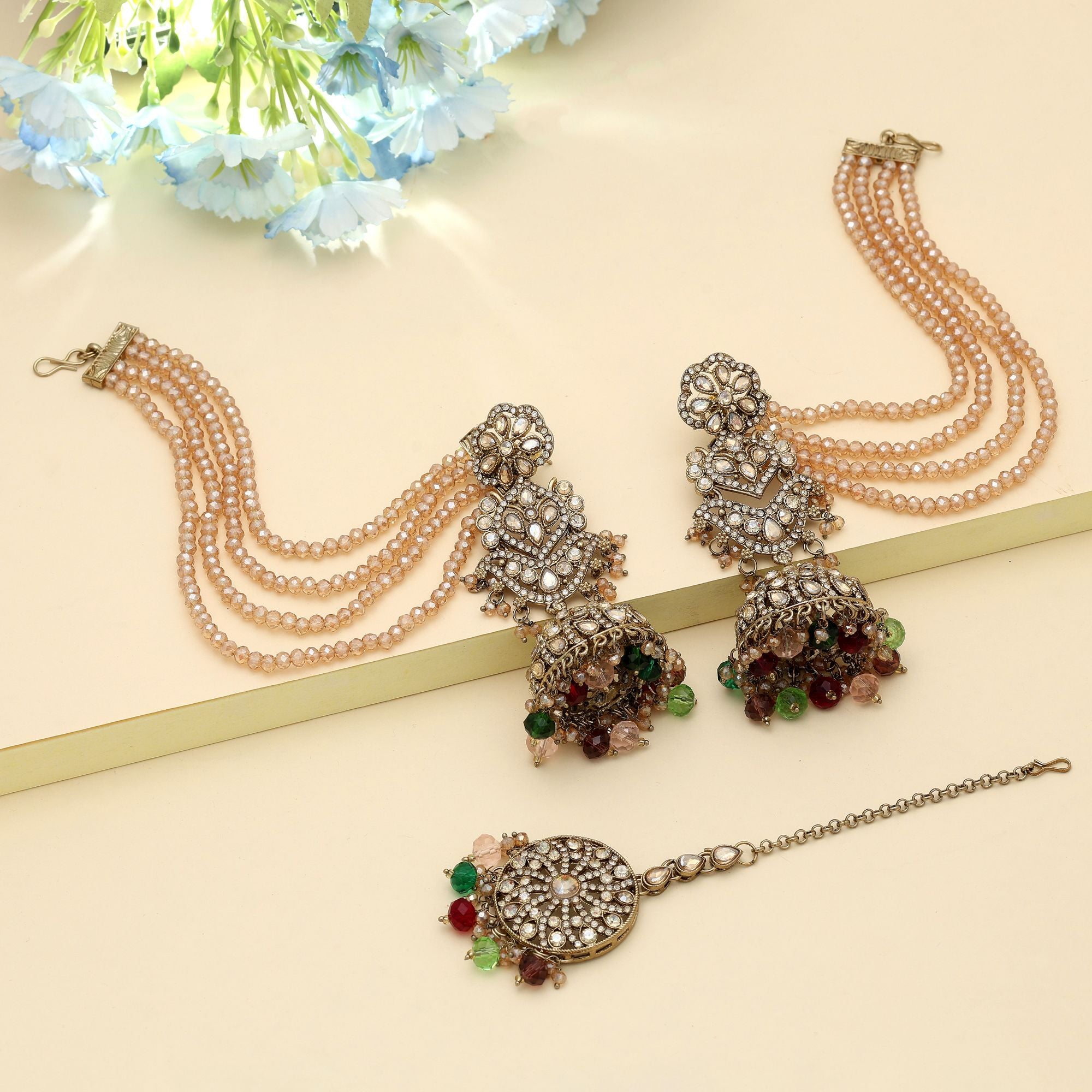 Kundan Earrings with Tikka - Jumkha | gold | red