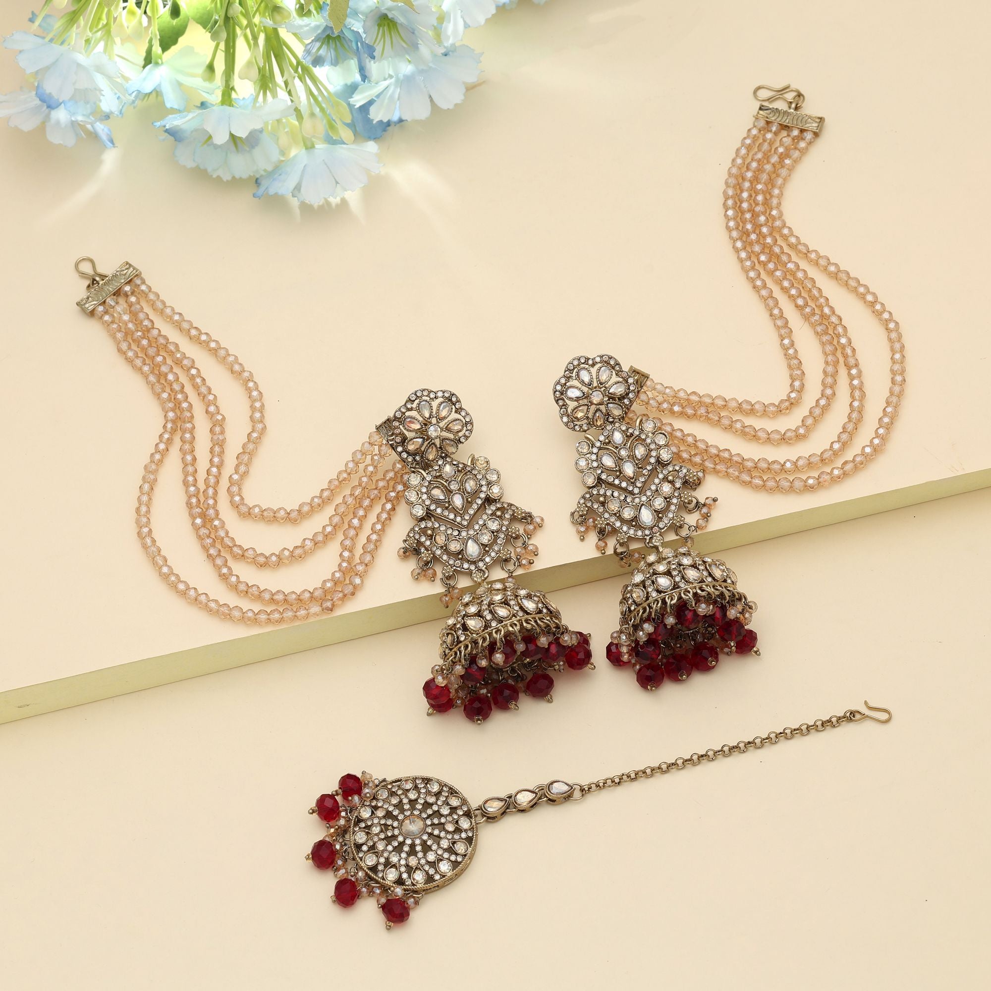 Kundan Earrings with Tikka - Jumkha | gold | red