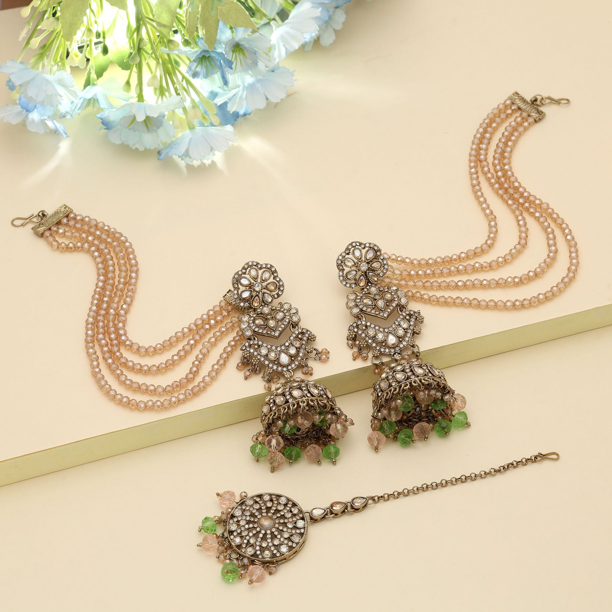Kundan Earrings with Tikka - Jumkha | gold | red