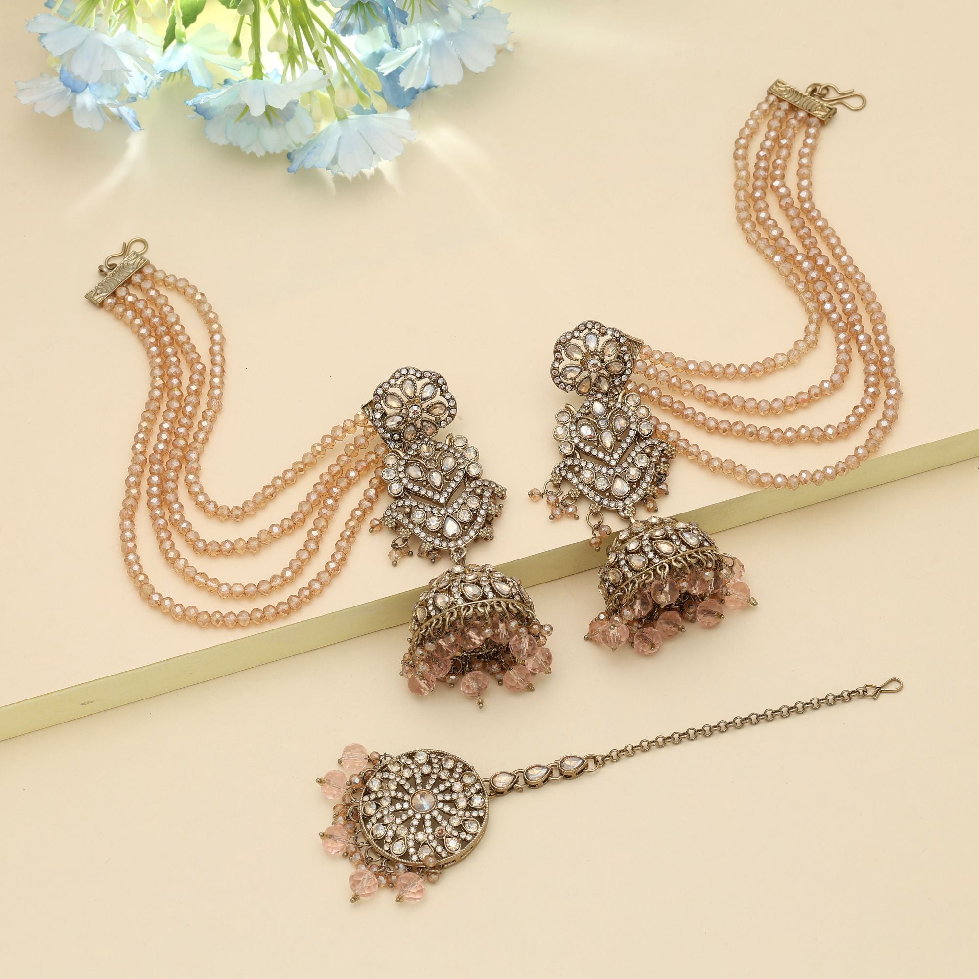 Kundan Ohrringe mit Tikka - Jumkha | gold | Pink