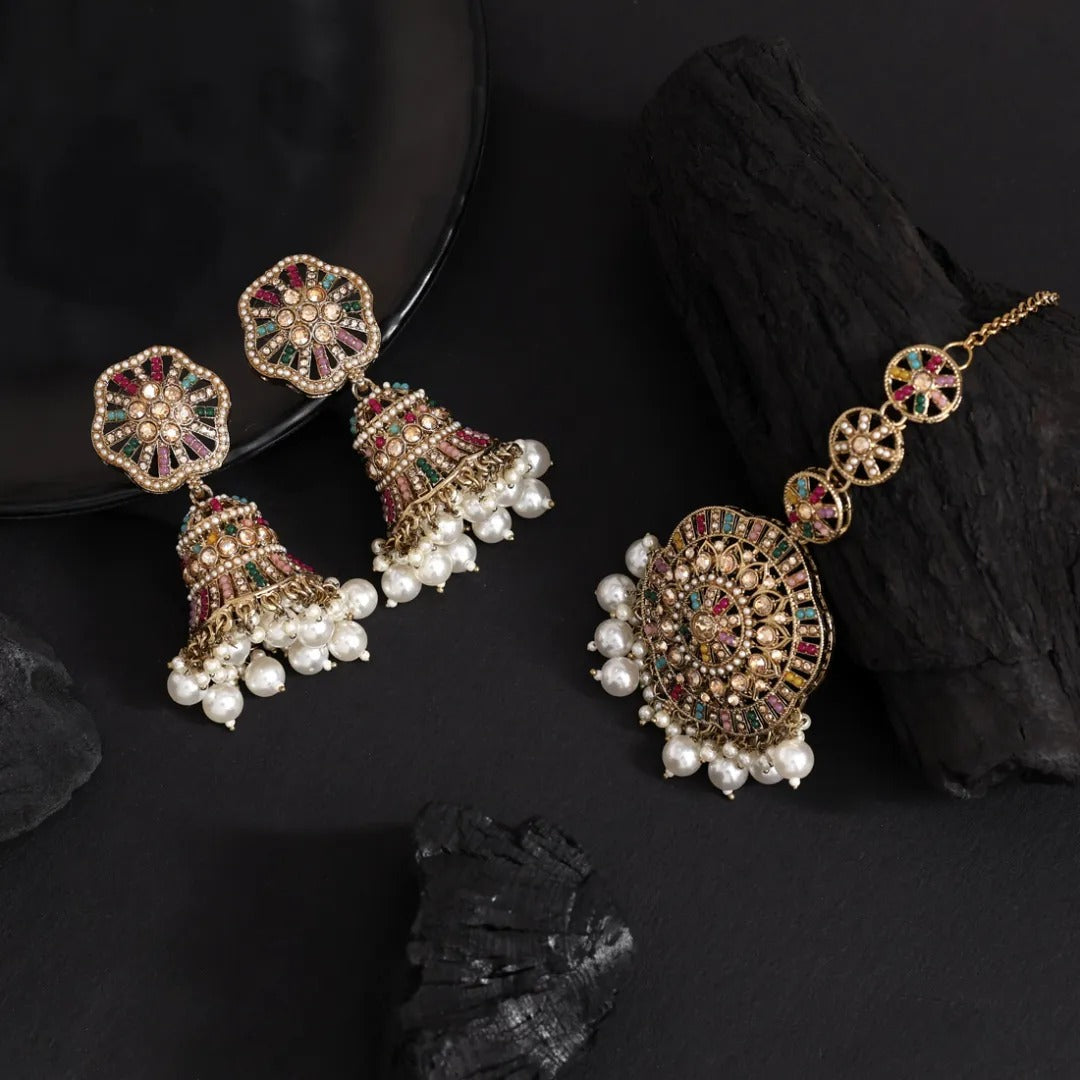 Kundan Ohrringe mit Tikka - Jumkha | gold | multi color