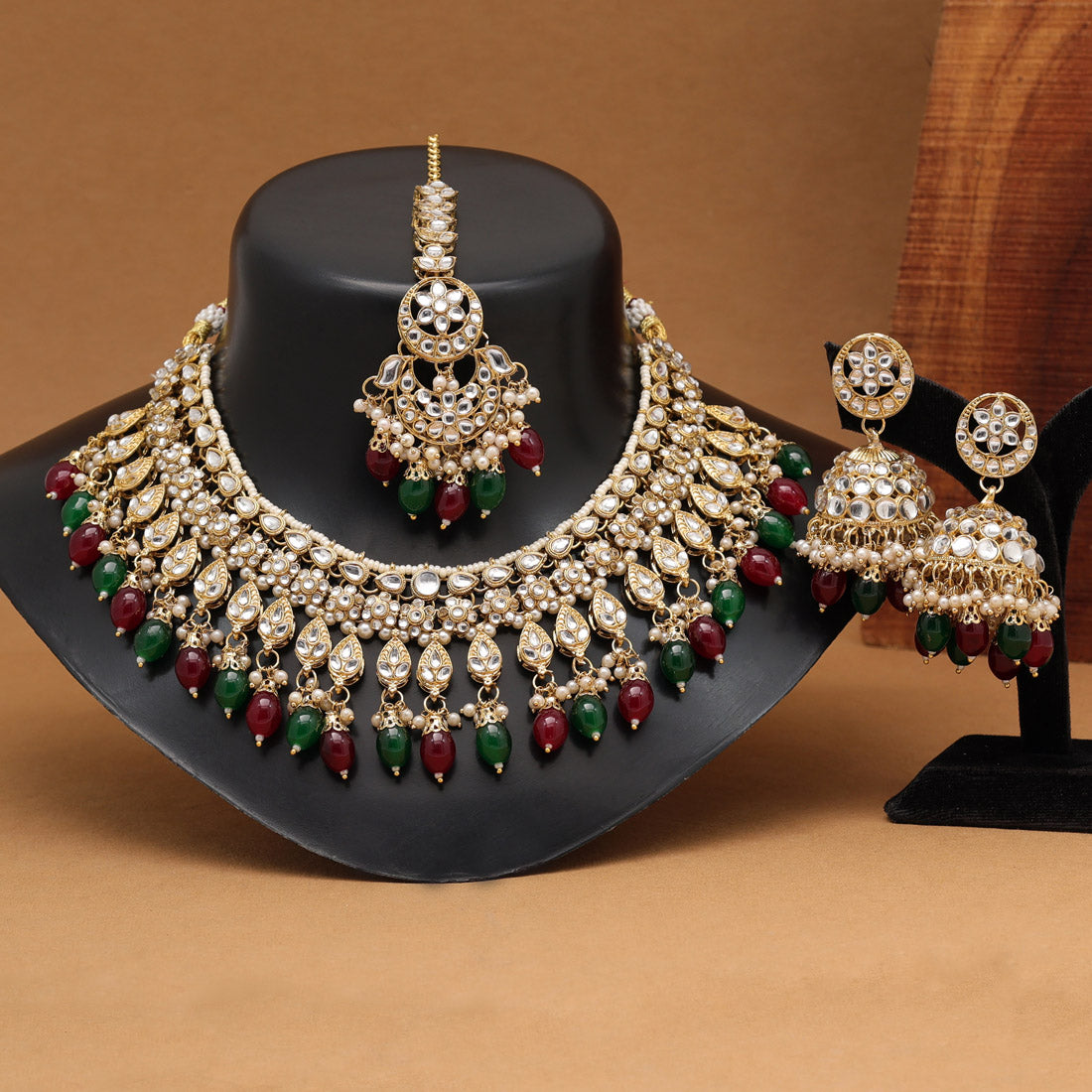 Kundan Necklace with Earrings & Tikka - gold | Red