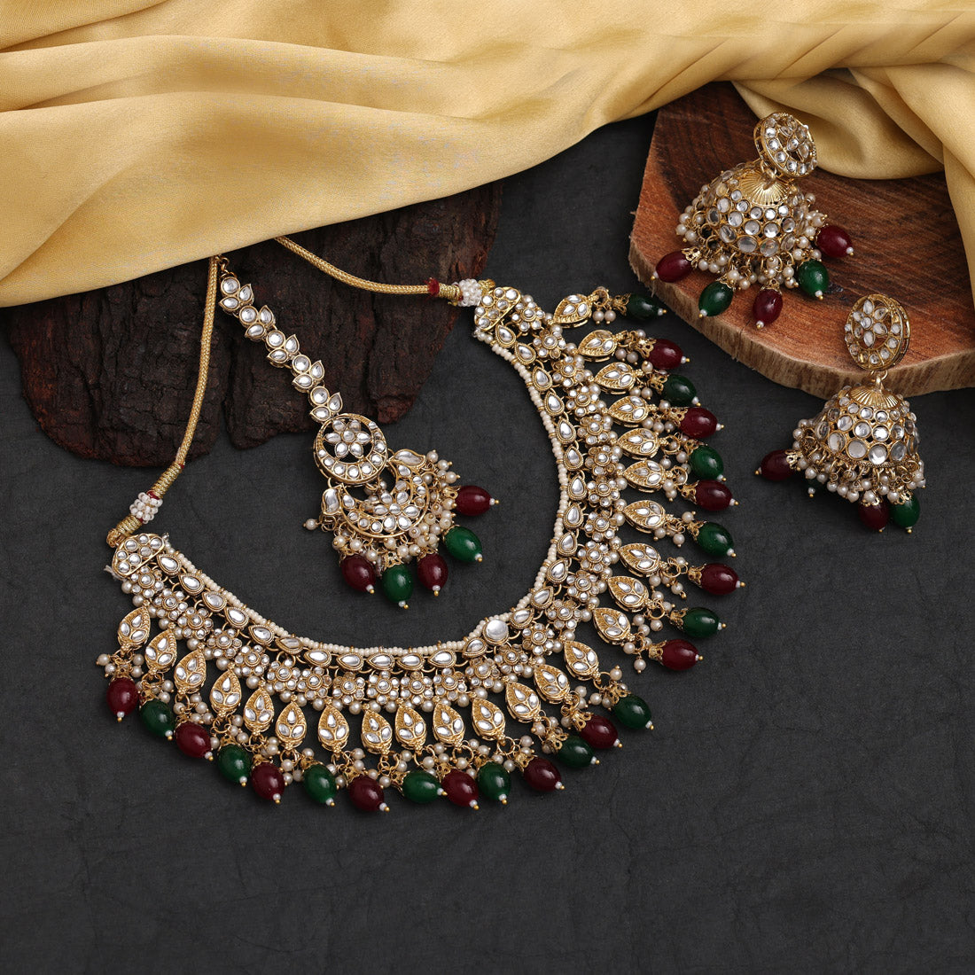 Kundan Necklace with Earrings & Tikka - gold | Red
