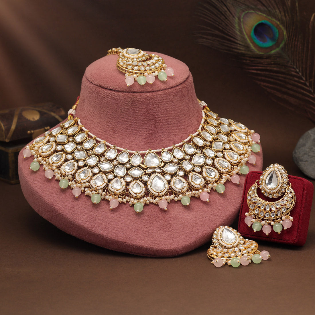 Kundan Halskette mit Ohrringe & Tikka - gold | rosa, mint