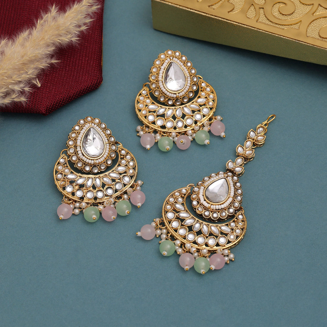 Kundan Halskette mit Ohrringe & Tikka - gold | rosa, mint