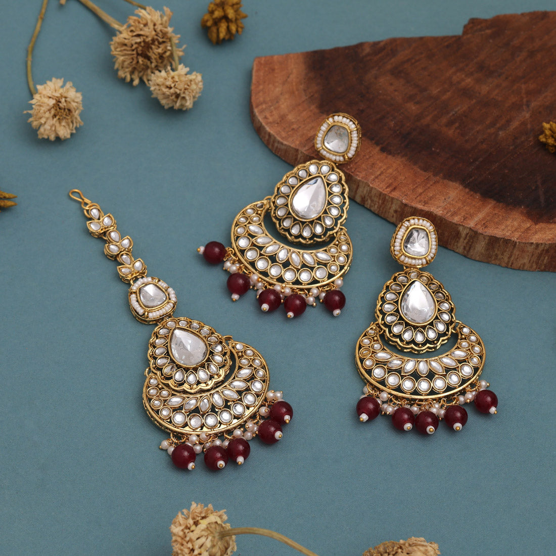 Kundan Halskette mit Ohrringe & Tikka - gold | maroon