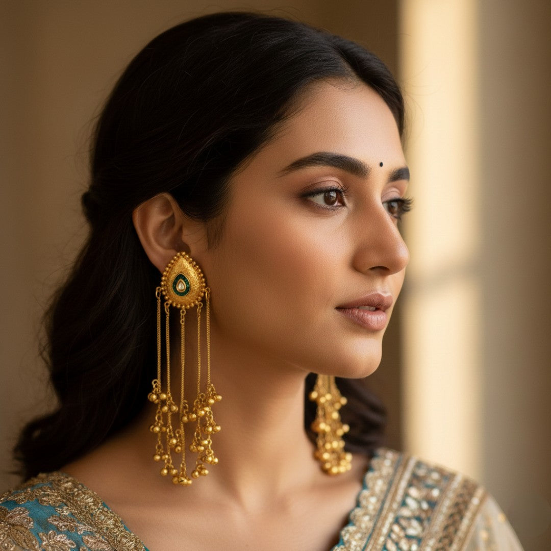 Lange goldfarbene Kaschmir-Ohrringe | grün