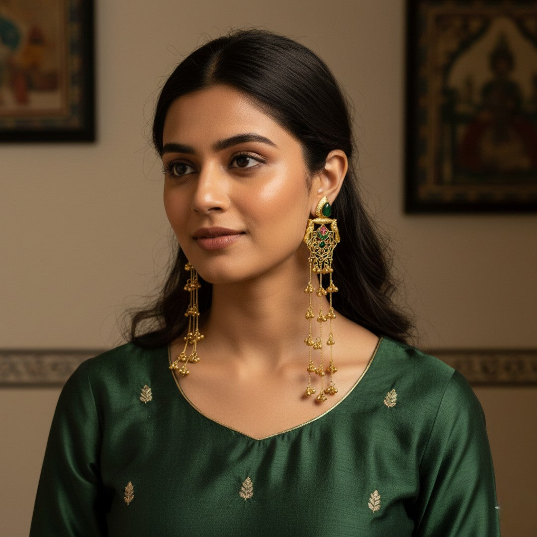 Lange goldfarbene Kaschmir-Ohrringe | grün