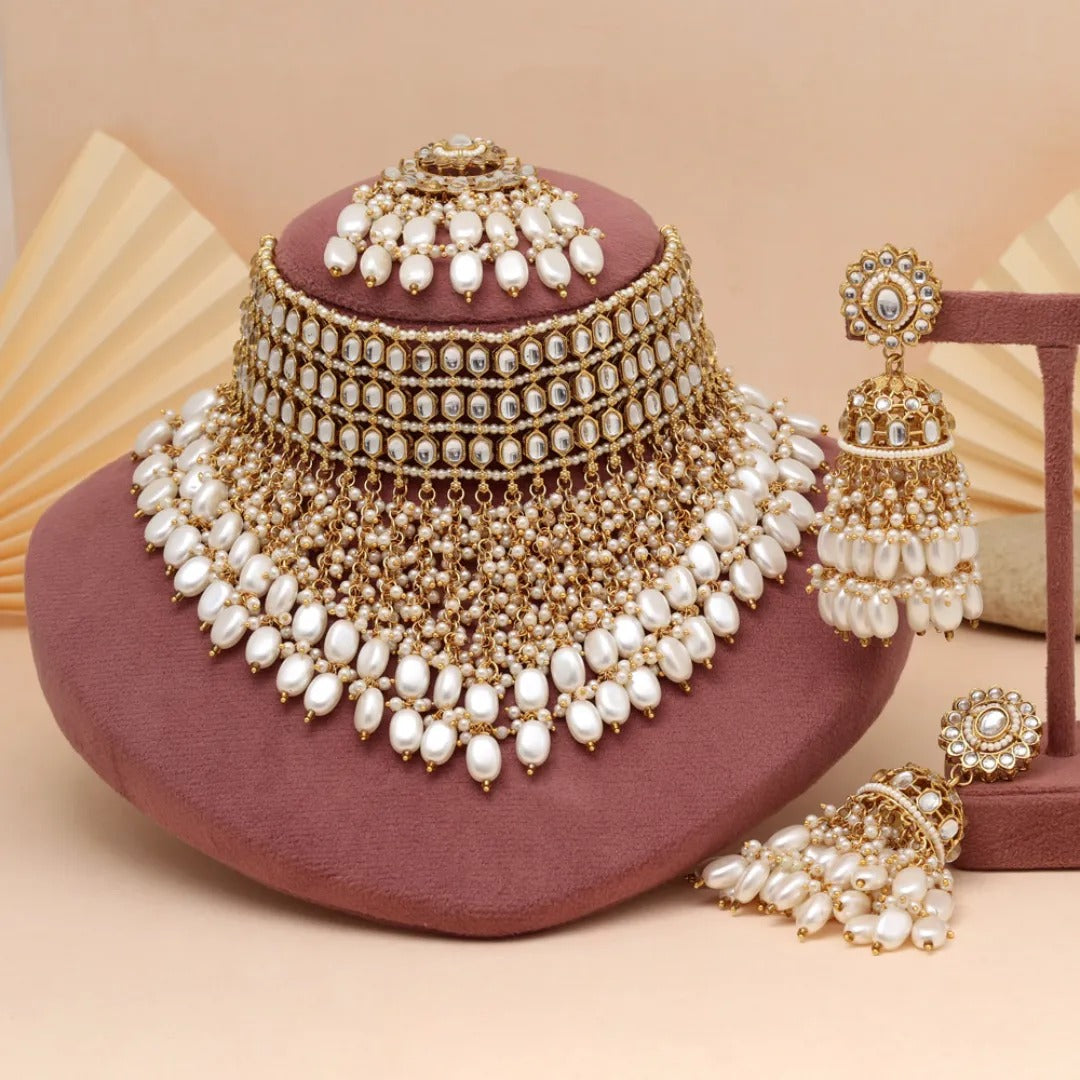Kundan Necklace with Earrings & Tikka - gold | white