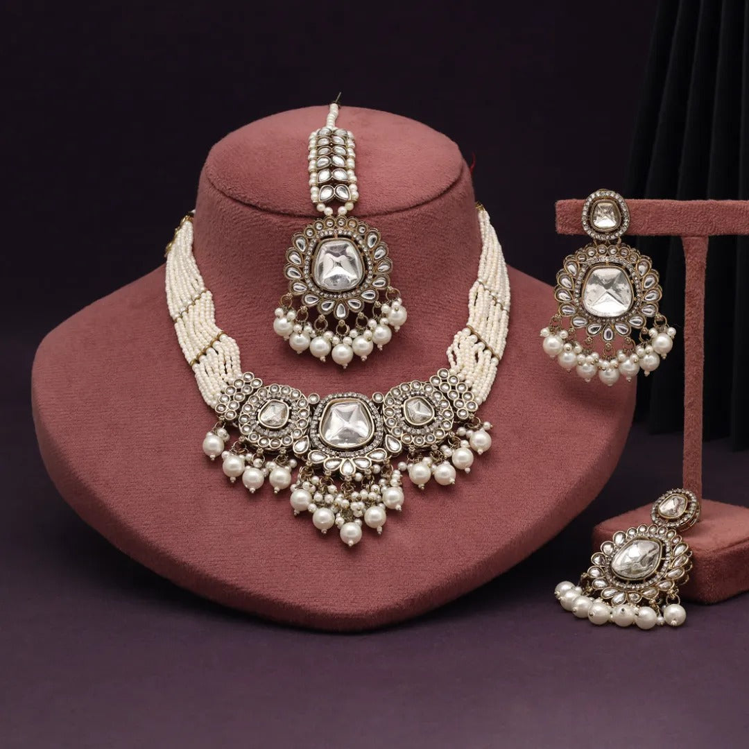Kundan Halskette mit Ohrringe & Tikka - gold | weiß