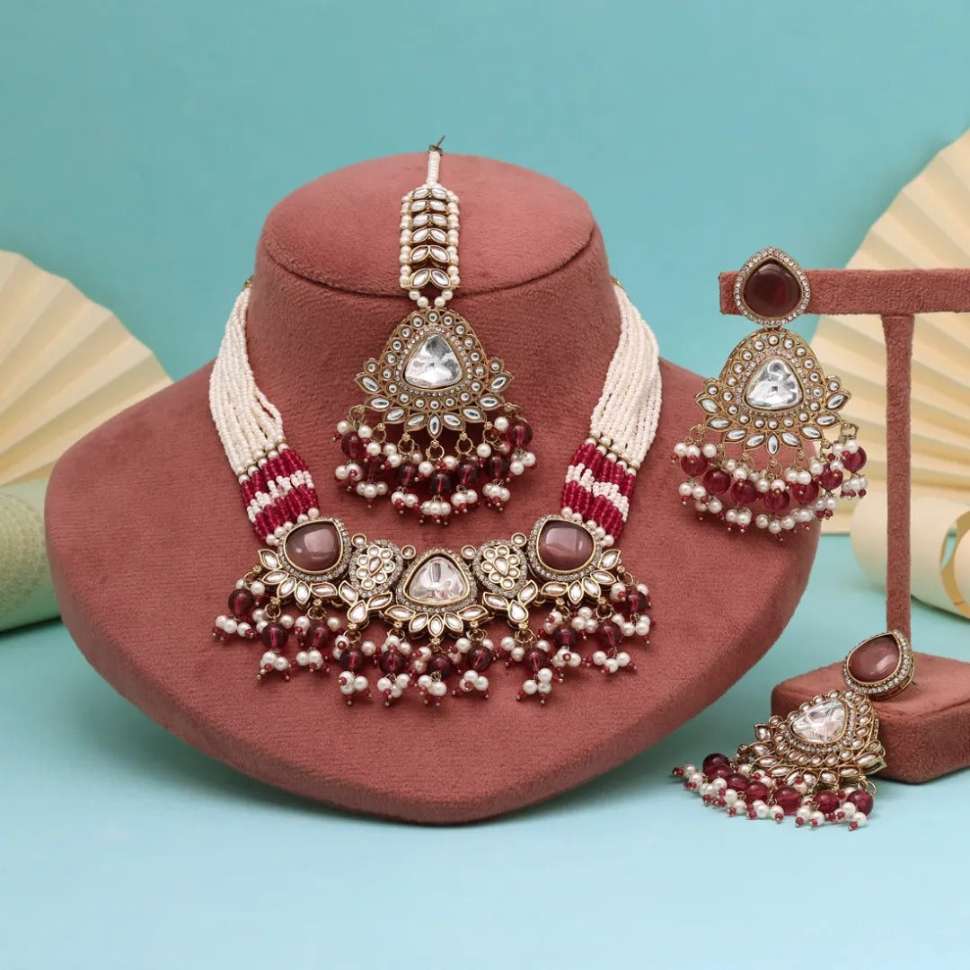 Kundan Necklace with Earrings & Tikka - gold | white